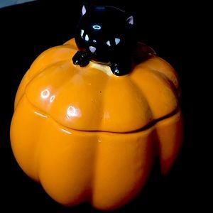 Ceramic Halloween Orange Pumpkin Black Cat Treat Jar